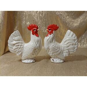 Vintage Rooster Salt Pepper Shaker Set, Ceramic Japan Red White Chicken Bird